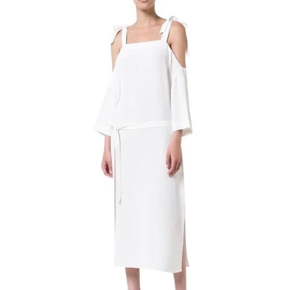 Tibi Women’s White Cutout Shoulder Tie Silk Shift Midi Dress size M Ivory - Picture 1 of 10